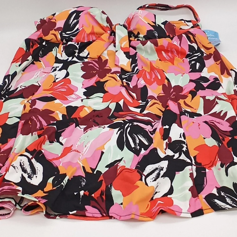 Swim‎ Solutions Floral Botanical Beauty Bow Front Swimdress Black Multicolor 24W - Picture 6 of 14